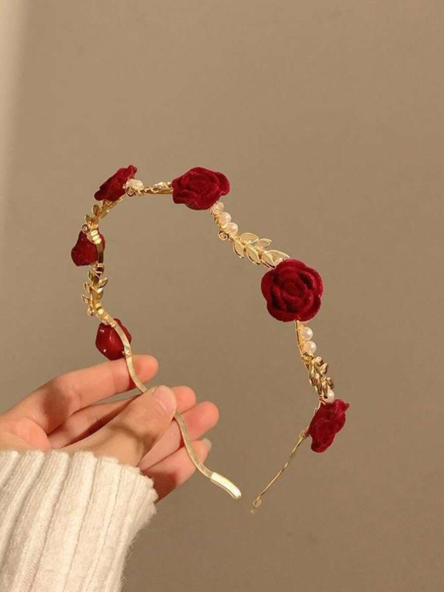 1 pièce Serre-tête avec rose et faux perle, accessoire capillaire en alliage vintage, clip à cheveux de luxe rétro, ornement de couronne de conception de niche pour bandeau, serre-tête