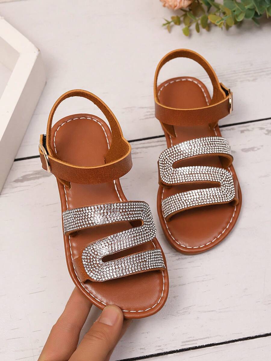 1 Paar Kleinkind Mädchen Große Größen Braune PU Leder Flache Sandalen, funkelnder Strass Dekor, verstellbarer Klettverschluss, offene Zehenpartie für den täglichen Lässig-Stil, Partys, Reisen, Frühling/Sommer