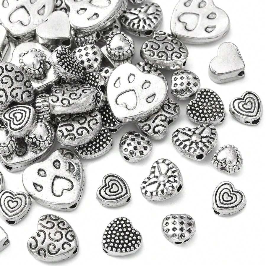 80 piezas de cuentas de aleación tibetana en forma de corazón, cuentas vintage con forma de corazón, cuentas espaciadoras de corazón de plata antigua a granel para hacer joyas y pulseras