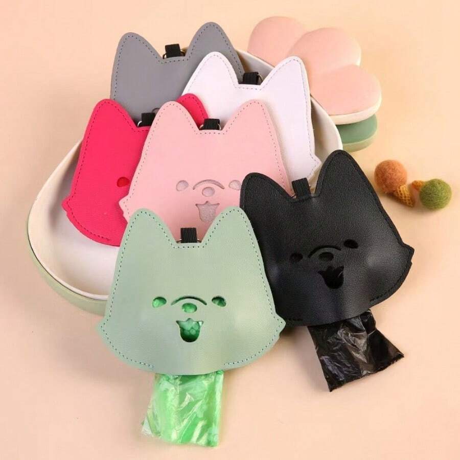 Cute Cartoon Dog Poop Bag With Leash Holder, PU Leather, Korean Style, Pet Cleaning Waste Bag