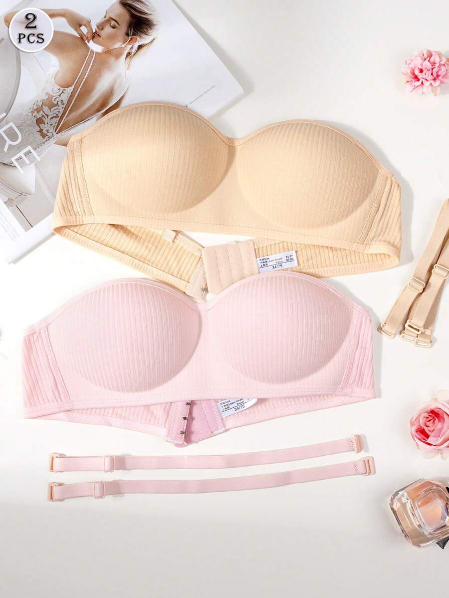 2 piezas Sostén bandeau con ribetes de unicolor y push-up, cómodo con tirantes desmontables para adolescentes