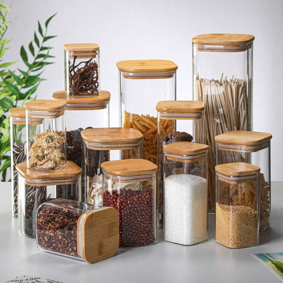 1PC/6PCS/12PCS Clear Glass Jars, Glass Condiment Jar, Spice Container With Airtight Bamboo Lids - Perfect For Tea, Coffee, Spice, Candy Storage - Includes Labels And Markers For Easy Organization - Ideal Kitchen Gadgets And Party Supplies