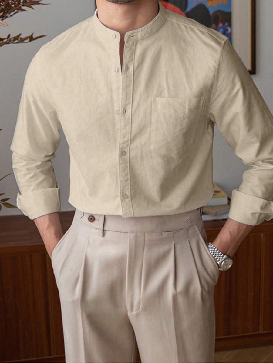 Camisa casual de negocios para hombre de unicolor y cuello mao