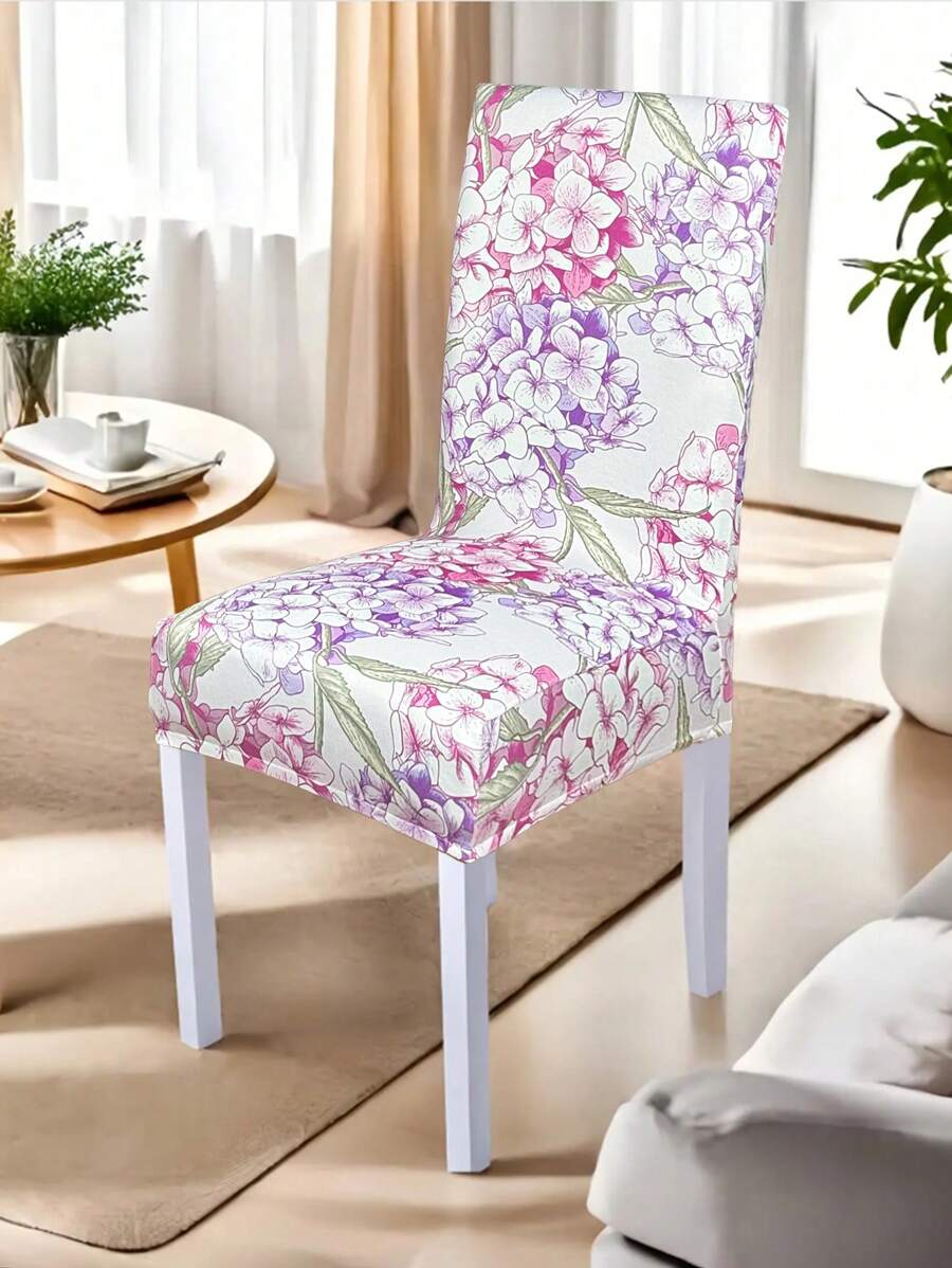 1pc Floral Print Milk Silk High Back Chair Cover, Purple Flowers, Elastic Dustproof All Season Removable & Washable For Living Room, Dining Room, Bedroom, Study