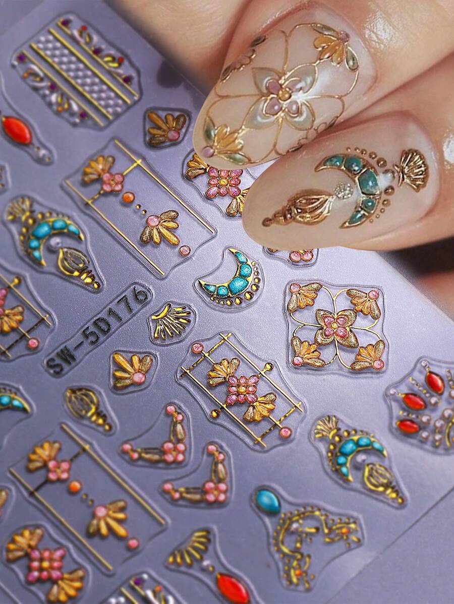 Autocollants pour ongles avec design de décalcomanie de mandala à croissant de lune, décoration d'ongles en relief 5D, motif de fleur de mandala coloré avec lignes dorées en métal blanc, style élégant rétro, autocollants adhésifs pour ongles, accessoires DIY pour salon de manucure, décoration d'ongles pour débutants DIY à la maison, cadeau pour femmes