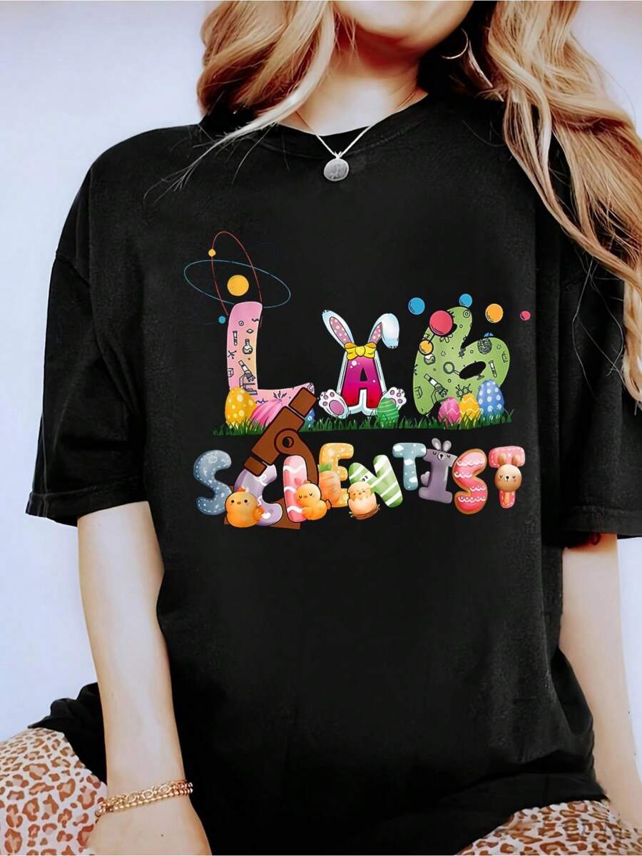 Lab Scientist Easter Bunny Eggs Science Teacher Easter Day T-Shirt- Short Sleeve, Casual, Breathable, Comfortable, Summer & Spring Essential - Women's Clothing Printed Graphic Tee For T-Shirt Lovers
