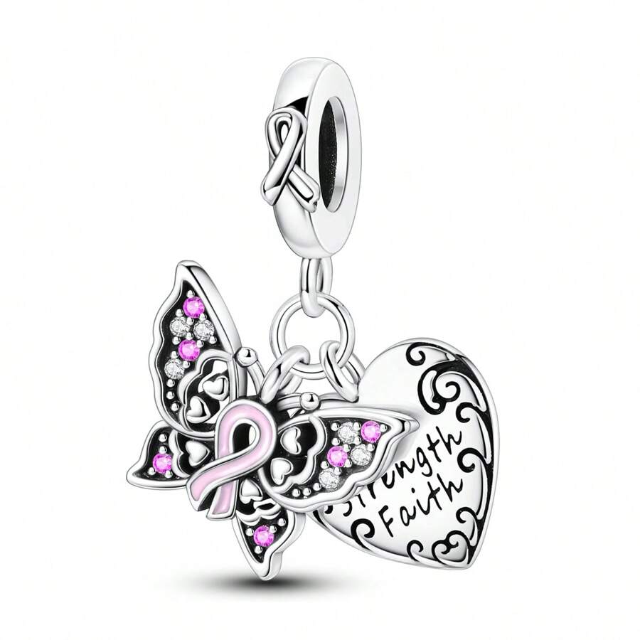 1pc Silver Color Exquisite Cubic Zirconia Women's Health Butterfly Love Pendant Charm Fit Snake Bracelet Necklace DIY Jewelry Making Beads Anniversary Gift For Girl