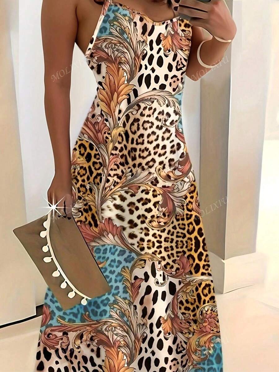 Abito a scivolata corto senza maniche con stampa leopardata, stile bohémien per vacanze estive