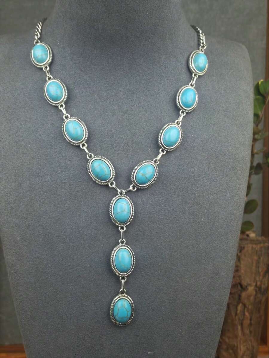 1 pezzo Collana da donna stile retrò western, con ciondolo a forma di Y e intarsi in turchese, adatta per spiaggia, vacanza, festa, collana per la clavicola