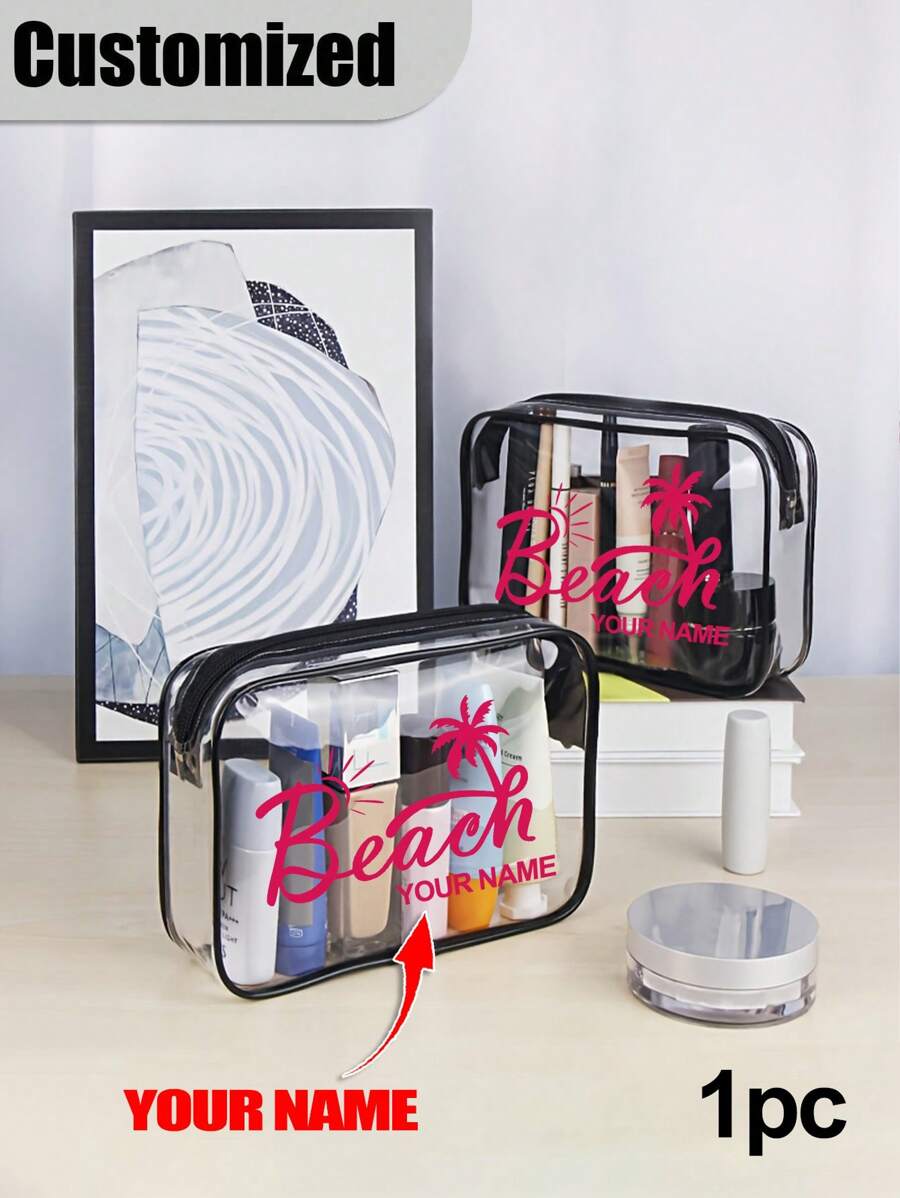 1 st Aangepaste naam strandpatroon toilettas Transparante reis toilettas, Transparante cosmetische tas, Draagbare buitenreis cosmetische opbergzakken, Multifunctionele verdikte PVC opbergzakken, Voor reizen, Unisex, Kan worden meegenomen in het vliegtuig, Must-Have voor postbodes, Must-Have voor terug naar school