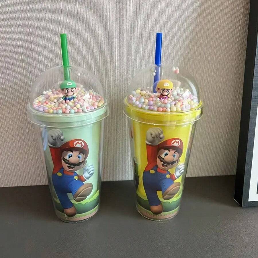 Super Mario Taza con aislamiento de doble pared con diseño temático de Super Mario, con pajita y tapa a prueba de fugas, de 16 onzas a prueba de derrames, con ilustraciones vibrantes de Super Mario, taza portátil excelente para acampada al aire libre, conducción y viajes