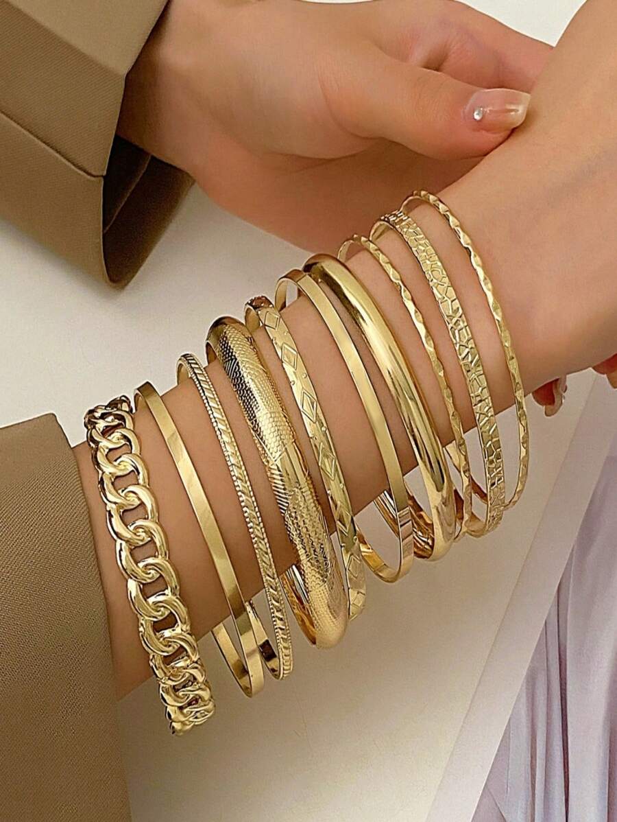 10pcs Retro European & American Style Exaggerated Smooth Asymmetrical Bracelet Set