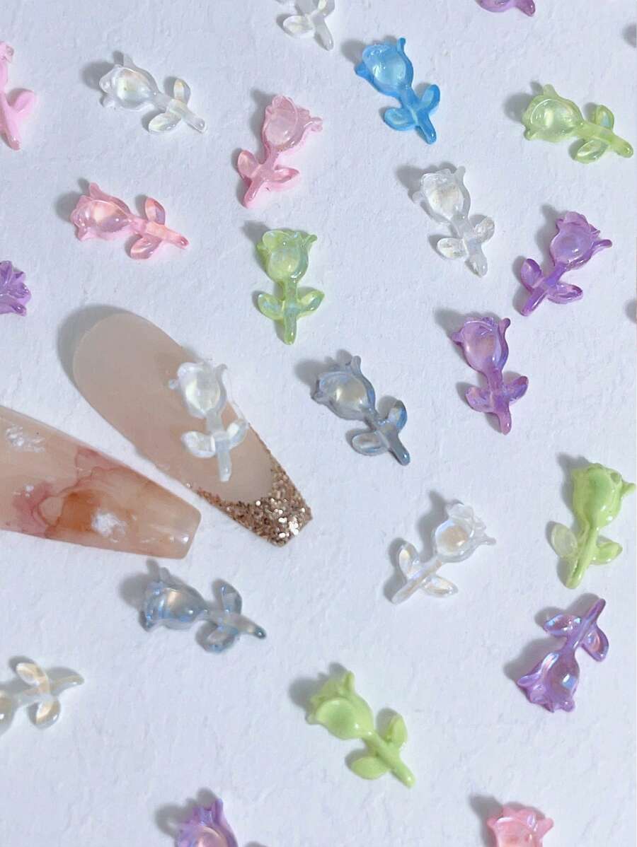 30 piezas de 6mm*10mm Decoraciones de uñas de resina, accesorios de uñas bonitos con diseño de flores de tulipán de lazo iridiscente