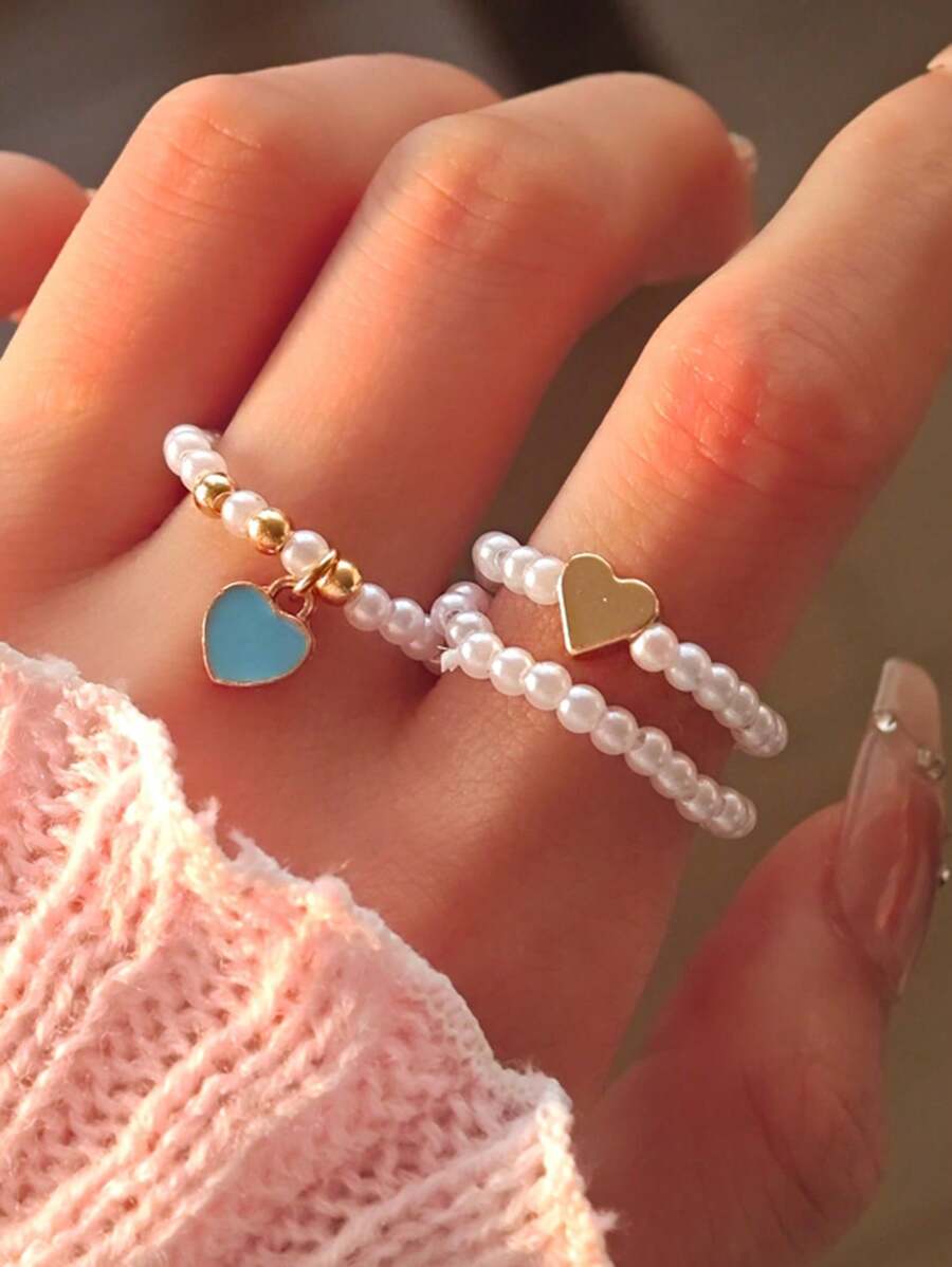 Set de 3 anillos elásticos minimalistas y adorables con corazón de perlas falsas, adecuados para mujer, ideales para el Día de San Valentín y uso diario
