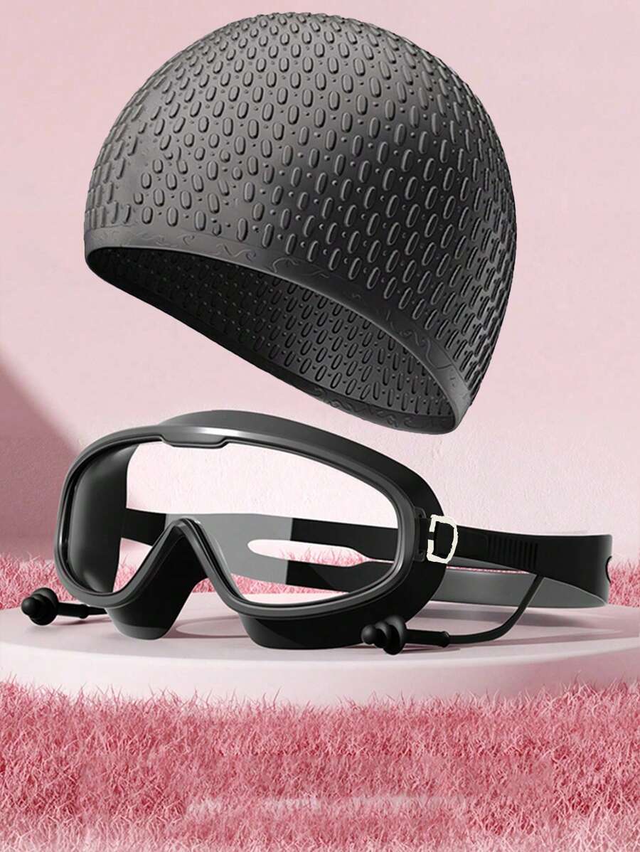 1 Stück Große Rahmen Schwimmbrille, wasserdichte antibeschlagende hochauflösende Schwimmbrille mit Ohrstöpseln, Silikon Schwimmbrille & Schwimmkappe, Unisex Erwachsene Professionelle wasserdichte bequeme Silikon Kappe, modische Große Größen Trainings Schwimmkappe