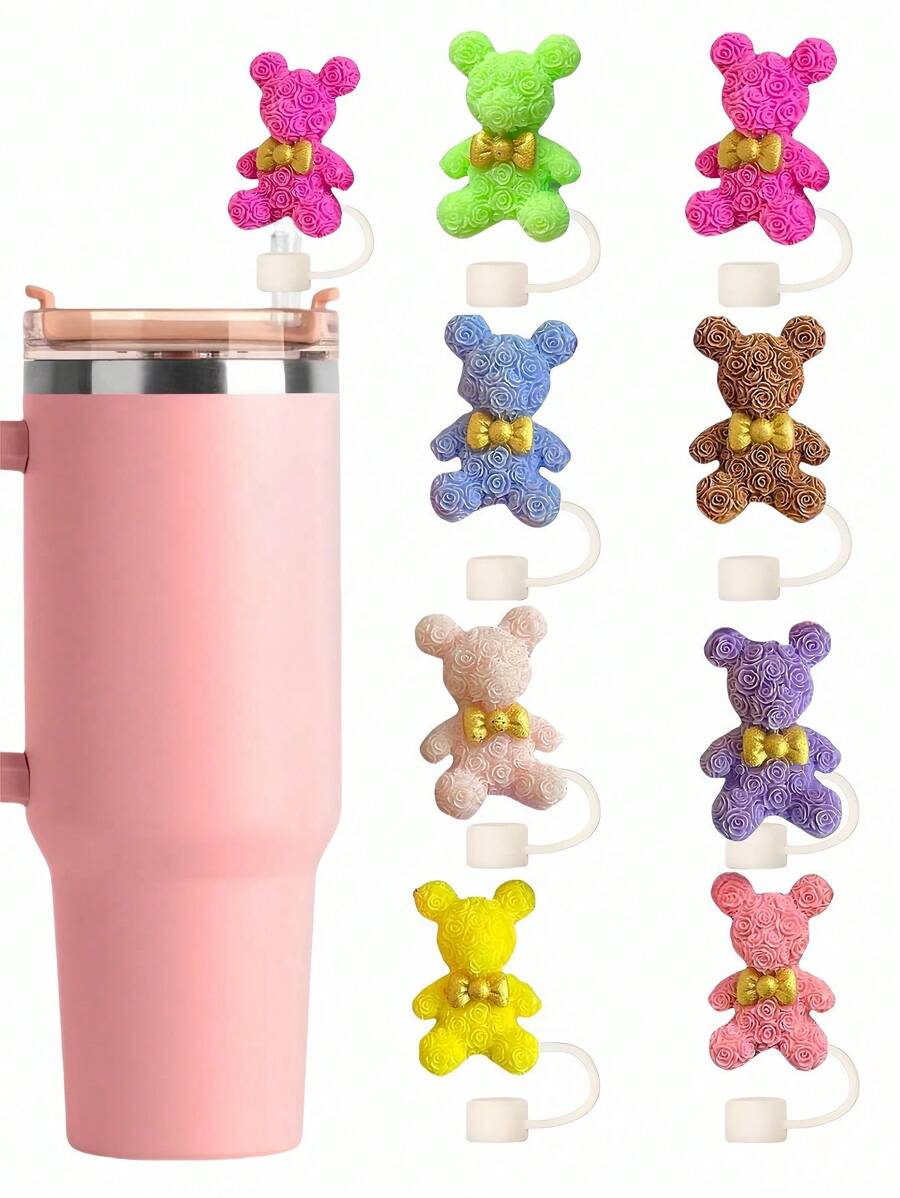 (Fixed Style) 5pcs Cute High-Valued Bowknot Bear Silicone Straw Lids, Reusable Straw Caps Fit For 30oz & 40oz Tumblers, Dust-Proof Straw Cover, Compatible With 10mm (0.4 Inch) Straws, Tumbler Accessories, Creative Straw Decoration As Valentine's Day, Christmas, Halloween Gifts, Birthday Gifts For Men & Women