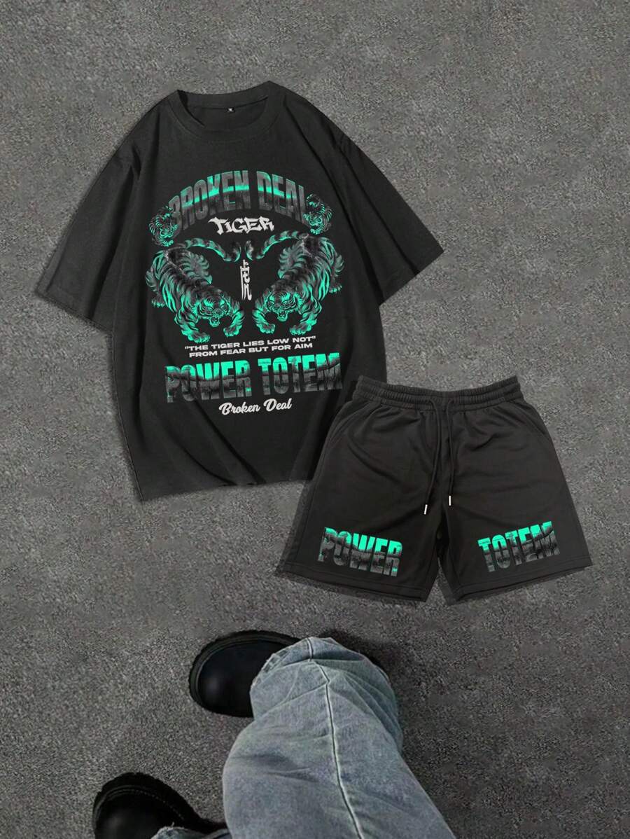 Ensemble t-shirt à manches courtes col rond avec imprimé tigre et texte anglais, coupe ample style américain, et short à cordon de serrage à la taille pour homme, pour l'été