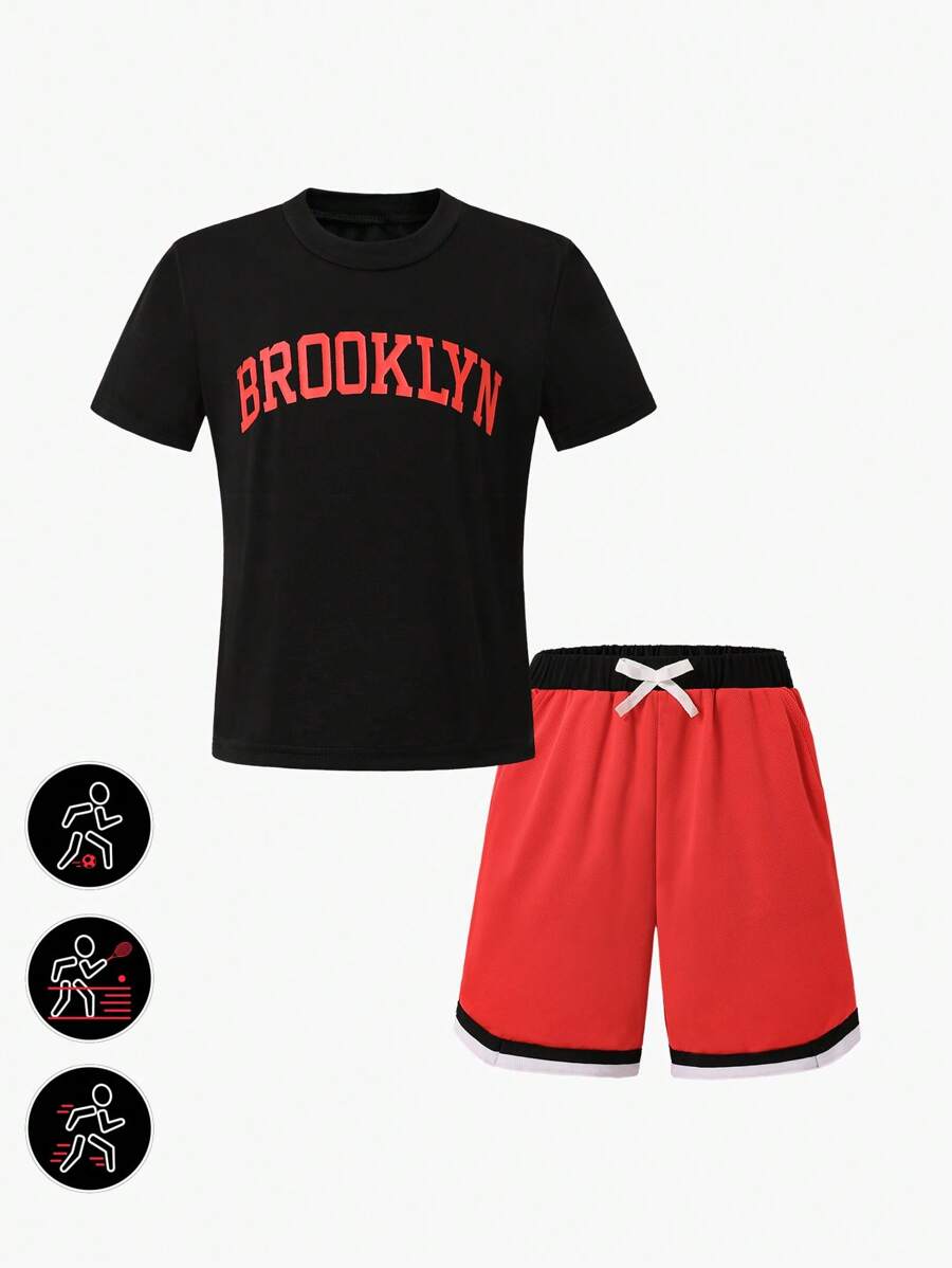 2pcs/Set Boys' Letter Print Sports Outfit, Including Short Sleeve T-Shirt And Waist Tie Athletic Shorts, Spring/Summer
