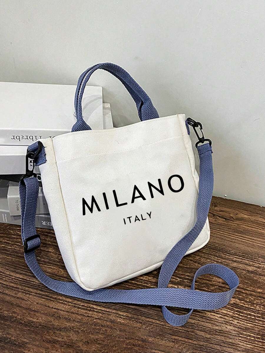 White Canvas Bag Ins Style Messenger Bag Printed With Letters "MILANO ITALY ", Large-Capacity New Cute Shoulder Bag, Diagonal Shoulder Bag, Cute Bow Leopard Design Highland Cow Pattern, Large-Capacity Tote Bag, Portable, Adjustable Blue Shoulder Strap,With Artistic Letters And Pattern Printing Design, And Convenient Shopping Bag For Daily Use. Teacher'S Thank-You Gift, Mother'S Day Gift, Suitable For Travel,Beach, School, Work & Daily Use