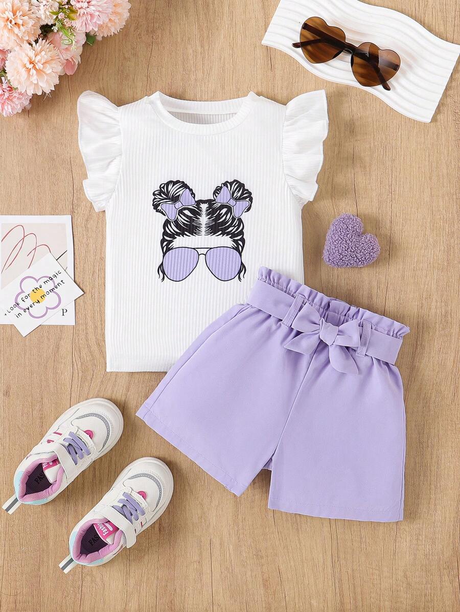 3pcs/Set Girls Cap Sleeve Top + Ribbed Pattern Top + Casual Shorts Outfit With Belt