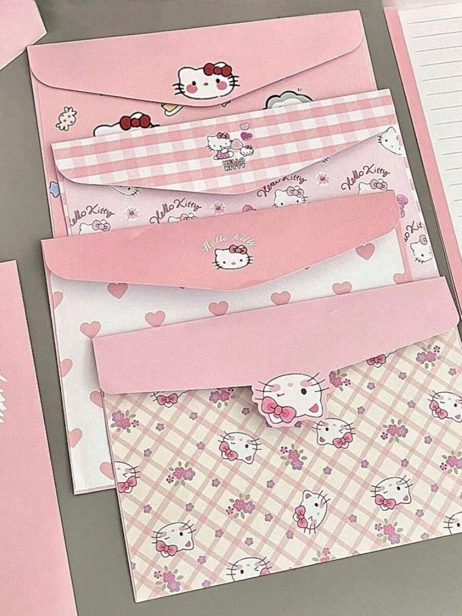 Sanrio Sanrio 4 sztuki/zestaw uroczych różowych kopert z kotem, prosty papier firmowy kreatywny kot z kreskówek, proste i szykowne artykuły piśmiennicze z kreskówek, romantyczne prezenty w postaci ręcznie pisanych listów dla kochanków, rodziny, przyjaciół