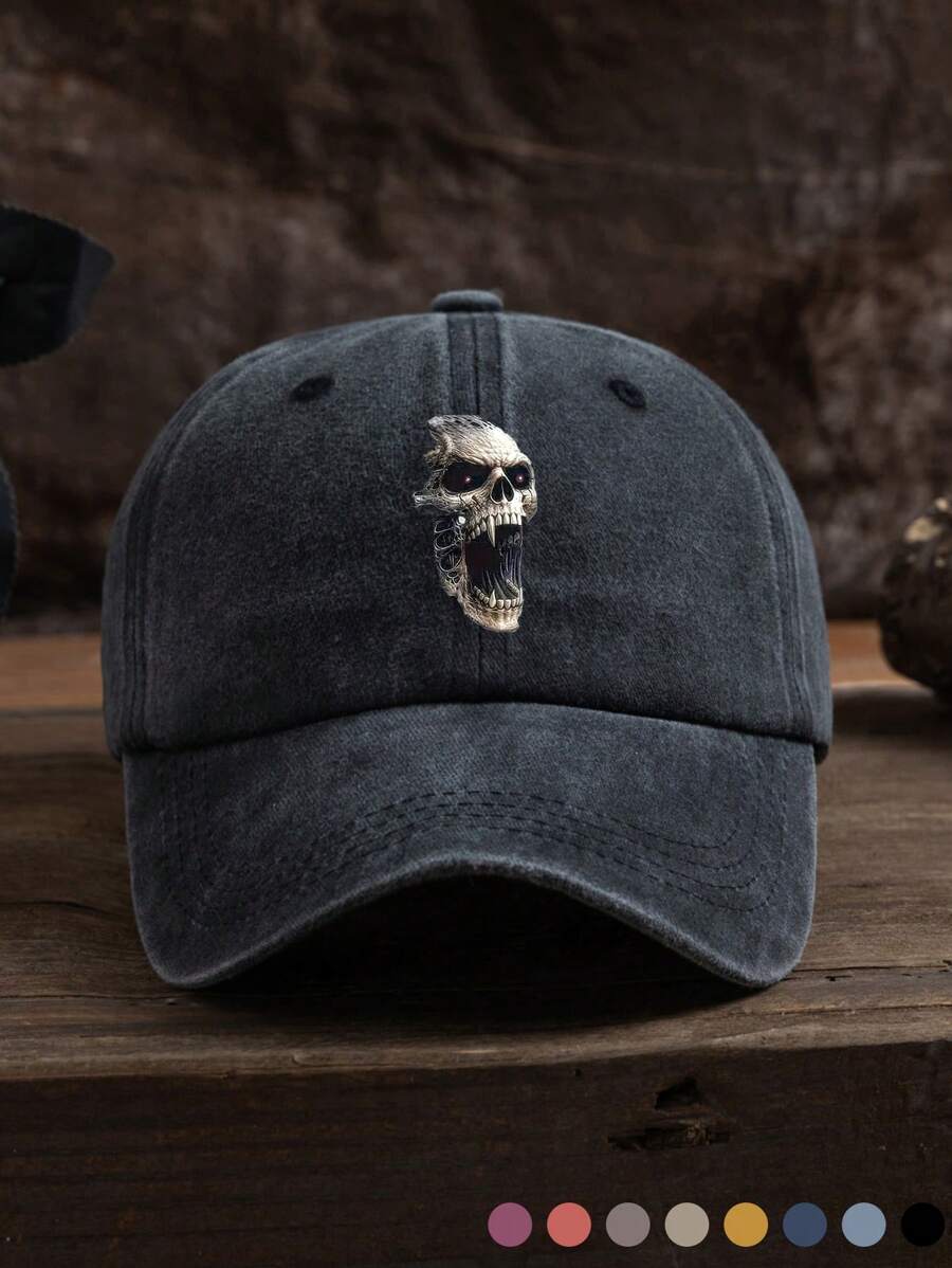 1 pieza Gorra de béisbol unisex con estampado de calavera, de uso casual al aire libre, ajustable y de tela suave lavada, adecuada para uso diario