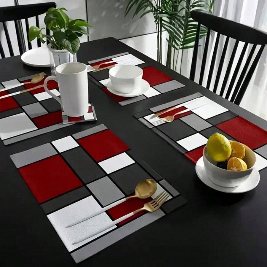 Juego de 1/2/4/6/8 Piezas de Individuales de Lujo - Diseño de Patrón Geométrico Abstracto Rojo, Decoración de Mesa Adecuada para Fiesta Festiva, Mesa de Café y Decoración del Hogar, Accesorios de Decoración de Cocina y Habitación