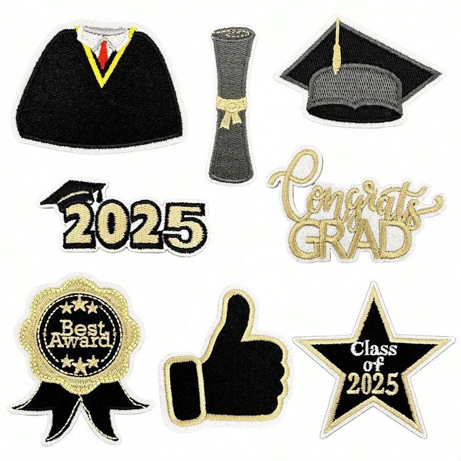 8pcs Class Of 2025 Graduation Embroidered Patches, Congrats Grad Sew Iron On Applique, Decorative Repair Patch, Emblem Gifts DIY Crafts Accessories For Clothing Jacket Jeans Backpack Hat