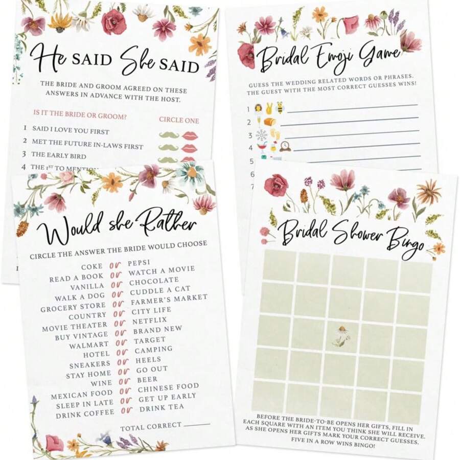 41 pièces, Jeu de douche nuptiale imprimé pour fête - 4 jeux et activités amusants pour 20 invités, impression recto-verso, comprend le bingo, le symbole, le marié et la mariée disent, vient avec des cartes de réponse