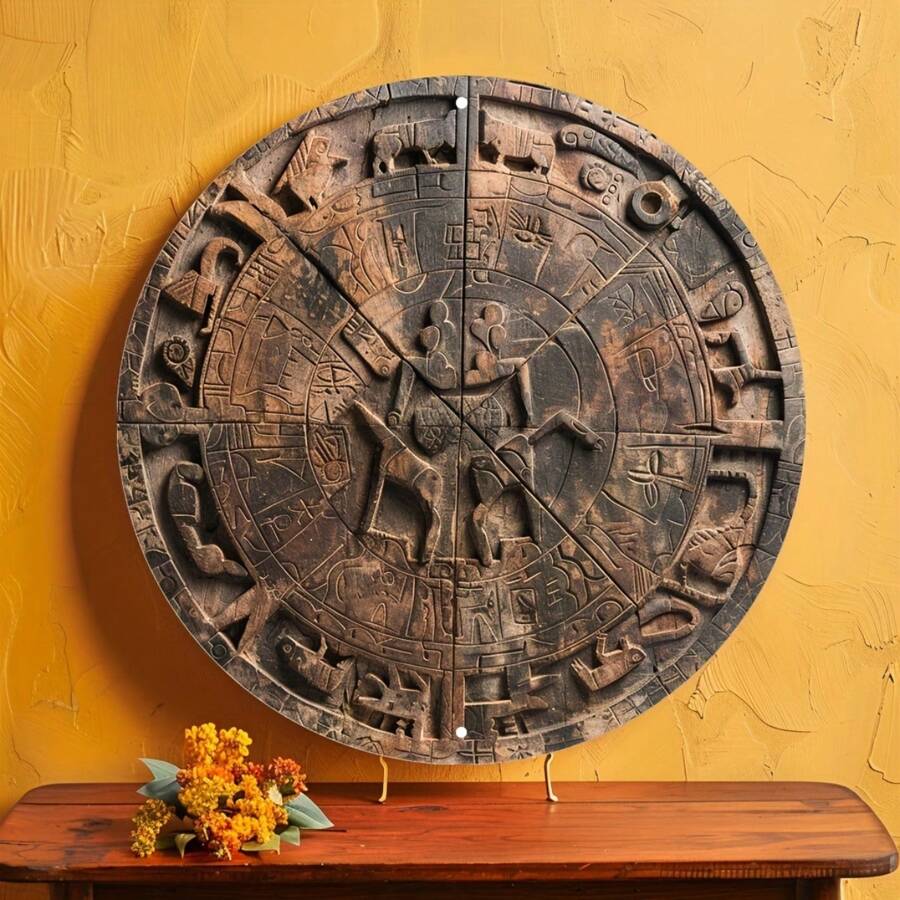 1 st Yoruba Ifa Divination Board Wall Art - Rond metalen bord met complexe gegraveerde symbolen, geschikt voor bruiloft, bruid, verjaardag, vrijgezellenfeest, jubileumdecoratie, willekeurige gatstijl