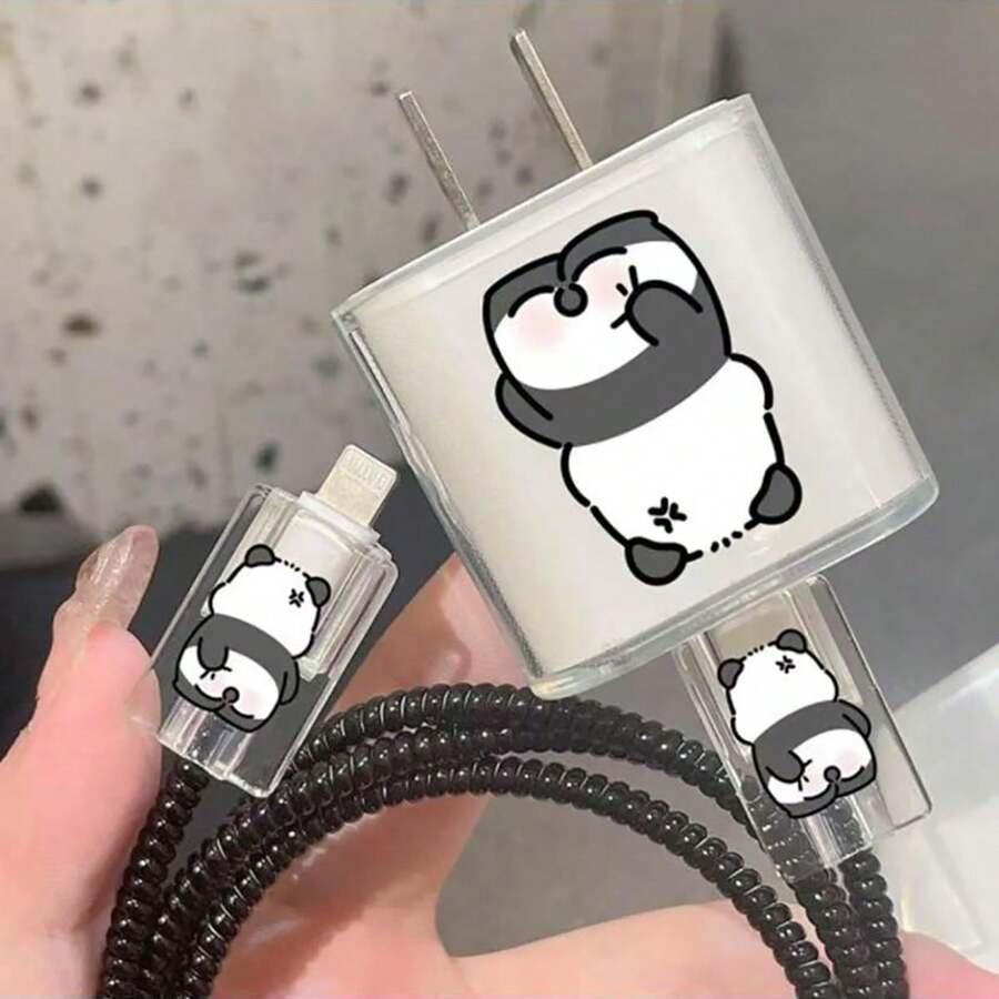 Accesorio de 5 piezas de protectores lindos de panda para cables de carga y datos, compatible con cargador iPhone de 18/20w