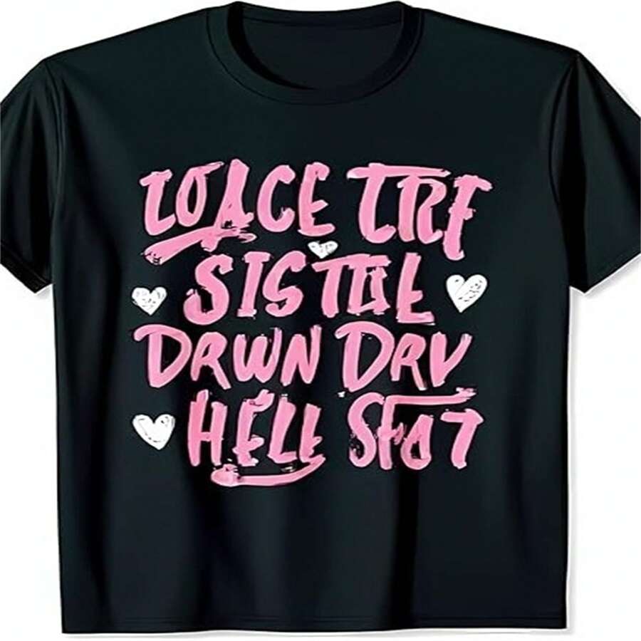 Bold Black T-Shirt With Whimsical Pink Graffiti Graphic.