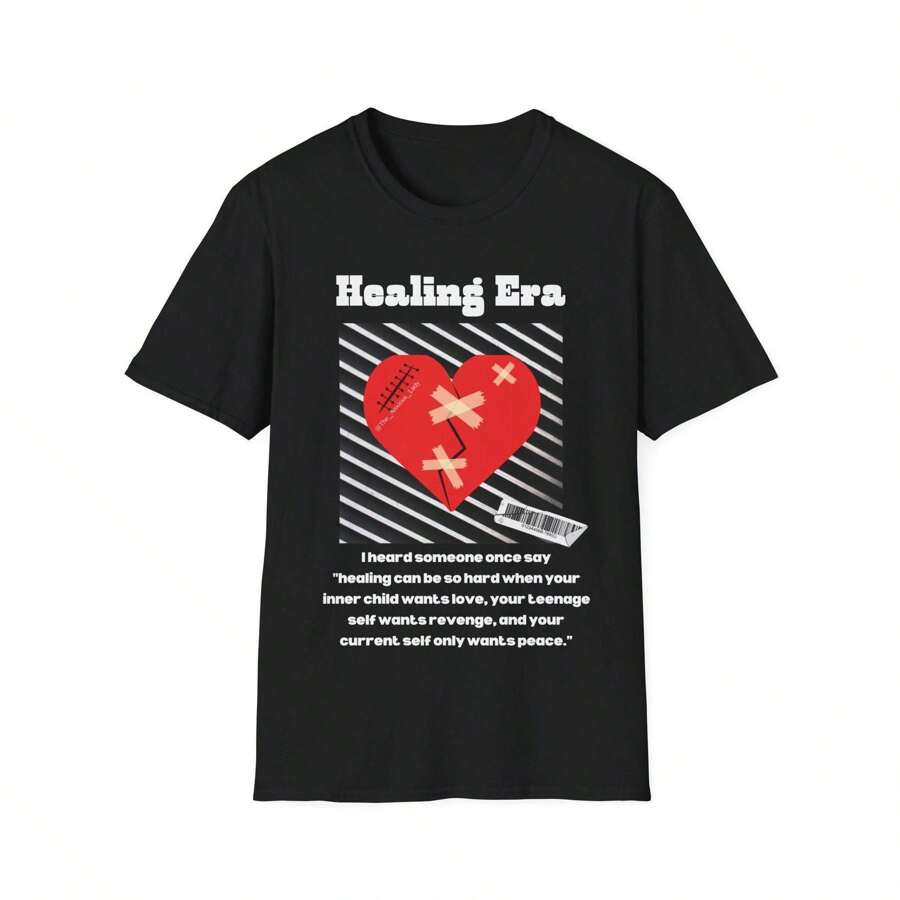 100% Cotton Healing Era Shirt, Mental Health Shirt, Broken Heart Shirt, Inspirational Unisex Softstyle T-Shirt Print Round Neck Short Sleeve Slightly Top For Everyday Wear Summer Designer Clothes Homme Versatile Casual Soft Breathable Stylish Graphic Stretched Comfortable Streetwear Fashion For Women