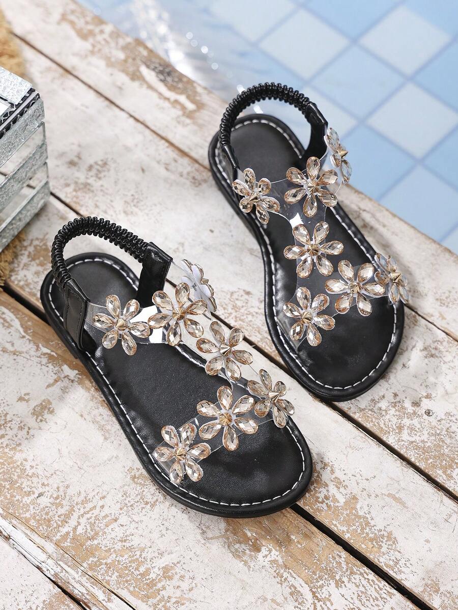 1 Pair Infant/Toddler Girls Rhinestone Sunflower Jelly Sandals, Transparent Strap, Flat, Round Toe, Elastic, Non-Slip, Fashionable, Cute, Comfortable, Casual, Suitable For 3-15 Years Old Boys And Girls, School, Gathering, Wedding, Indoor, Outdoor, Beach, Spring/Summer
