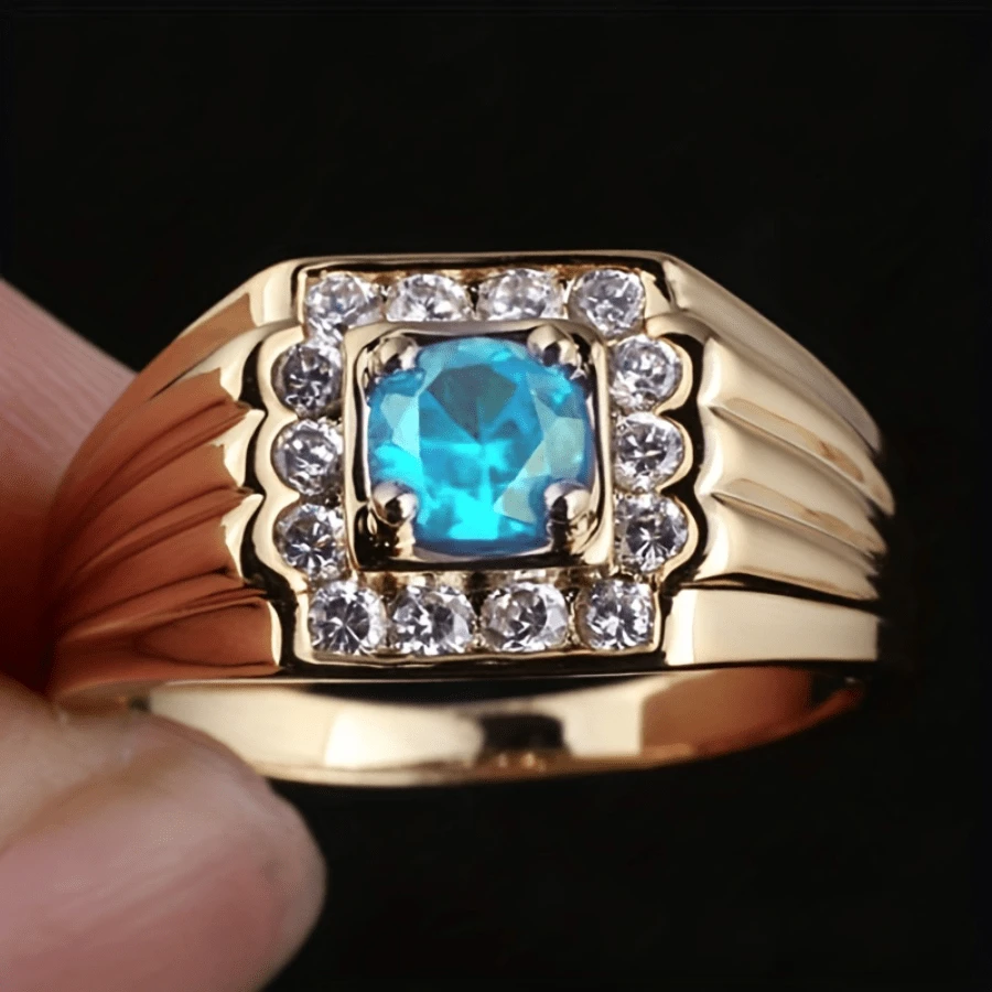 1 Stück eleganter 14K vergoldeter Verlobungs-/Ehering mit funkelnden Mehrfarbkubikzirkonia, geeignet für Bräute, luxuriöser Schmuckimitat für Frauen & Männer