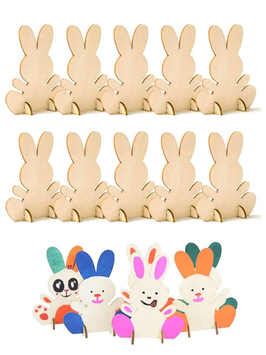 10 pièces Décoration de Pâques de lapin DIY, découpes de lapin 3D en bois brut debout pour ornement, artisanat pour la peinture DIY, décoration de table pour Pâques, cadeau d'anniversaire