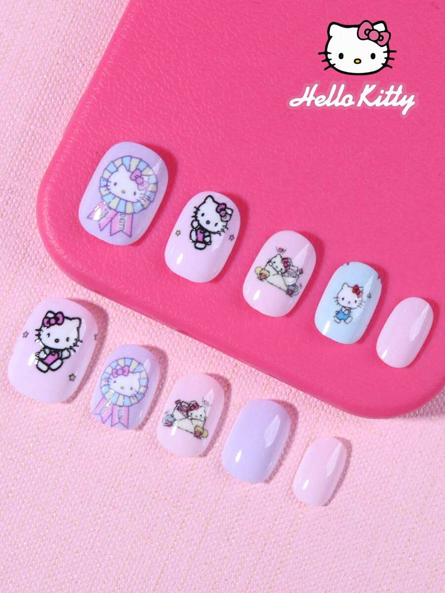 Sanrio Sanrio 24 stuks korte vierkante schattige 3D opdrukbare nagels passen perfect acryl nep nagels set, nagel voor meisjes en kinderen dagelijks gebruik en familiebijeenkomsten