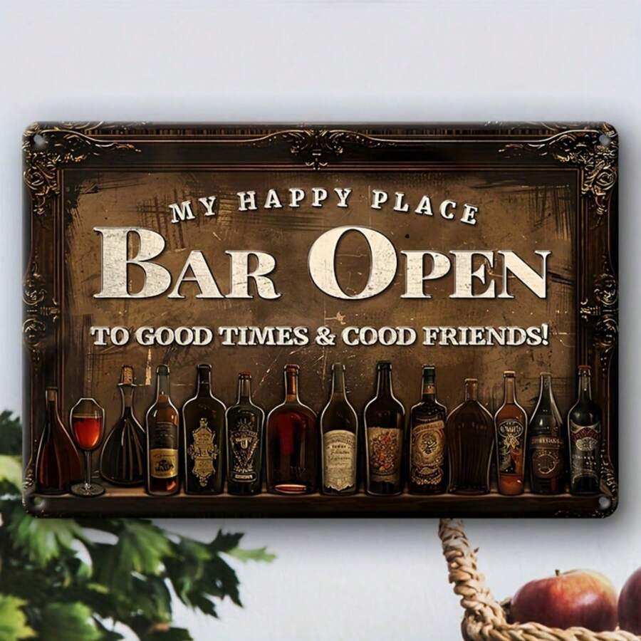1 szt. Vintage Metal Sign, "My Happy Place Bar" Znak Otwarcia, Dekoracja Ścienna, Dekoracja Ścienna Retro Garaż, Restauracja, Kawiarnia, Bar, Klub, Tabliczka Ścienna Do Salonu, Otwór Montażowy Styl Wybrany Losowo