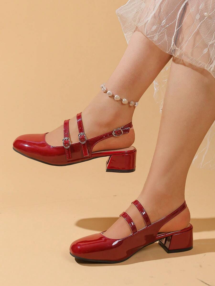 2025 New Red High Heels With Rear Strap, Niche Square Toe Ballerina Shoes, Thick Heel Low Heel Low Vamp Flats, French Retro Patent Leather Little Red Shoes