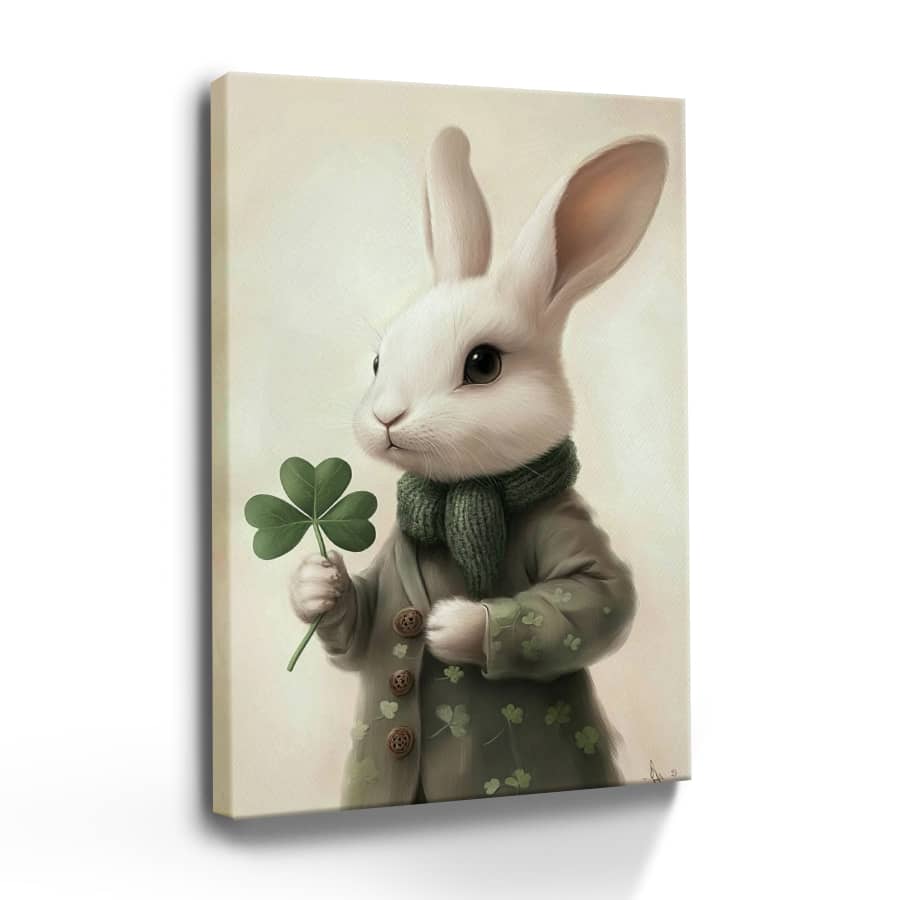 1pc St. Patrick's Day Framed Canvas Wall Art Poster Realism Surrealism Green Neutral A White Rabbit Holding A Four Leaf Clover Wall Art For Living Room Bedroom Bathroom Kitchen Apartment Hotel, Artful Home Decoration - Framed, Vertical