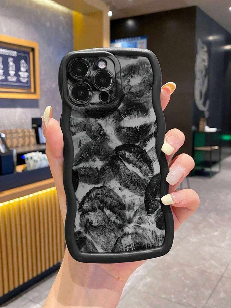 1 Stück schwarze Lippen Muster gewellte Schutz Handyhülle kompatibel mit IPhone/Galaxy/Infinix/Redmi/OPPO/VIVO/Itel/Tecno/MOTO