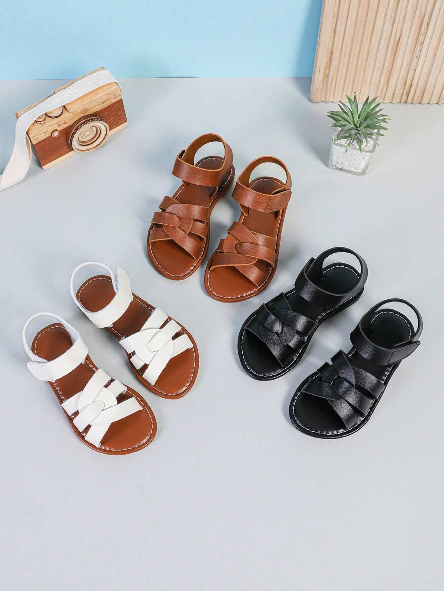 1 Pair Toddler/Little Girls' Brown PU Woven Strap Hook And Loop Closed Toe Flat Sandals, Fashionable & Cute Design, Suitable For 3-15 Years Old Girls, Daily Casual Wear, Spring/Summer New Arrival