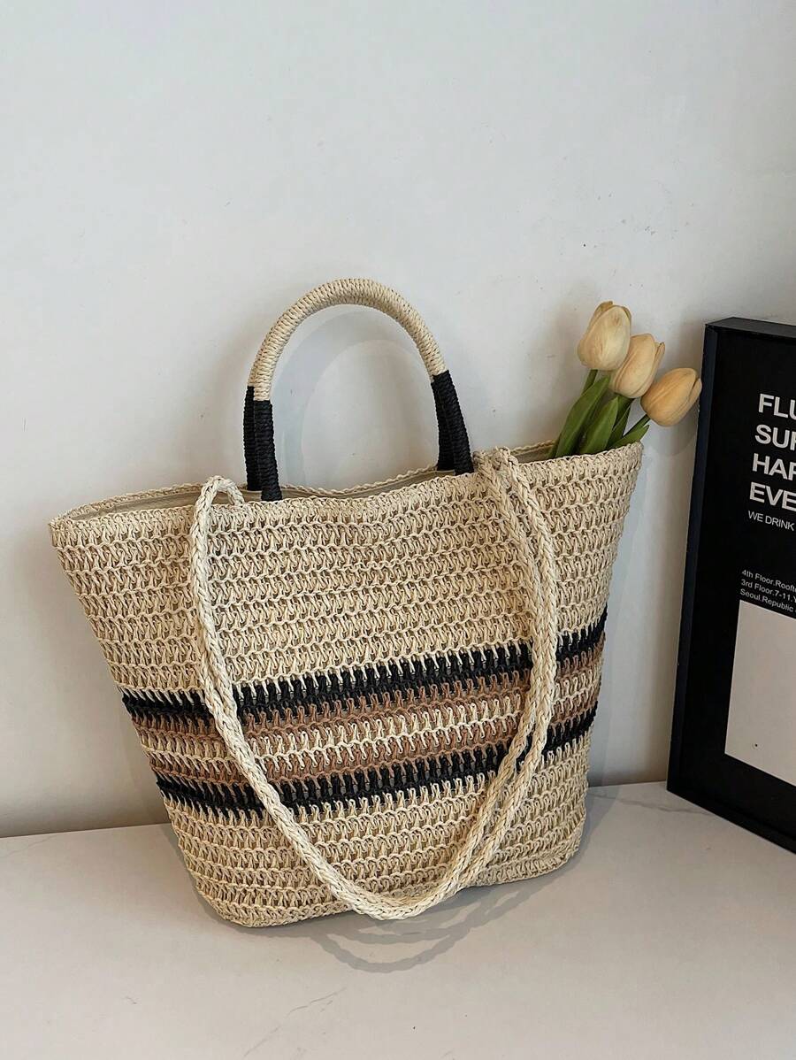 1 pieza Bolso de mano de mujer bicolor, bolso de hombro de gran capacidad tejido de paja para ir de compras, playa y uso diario