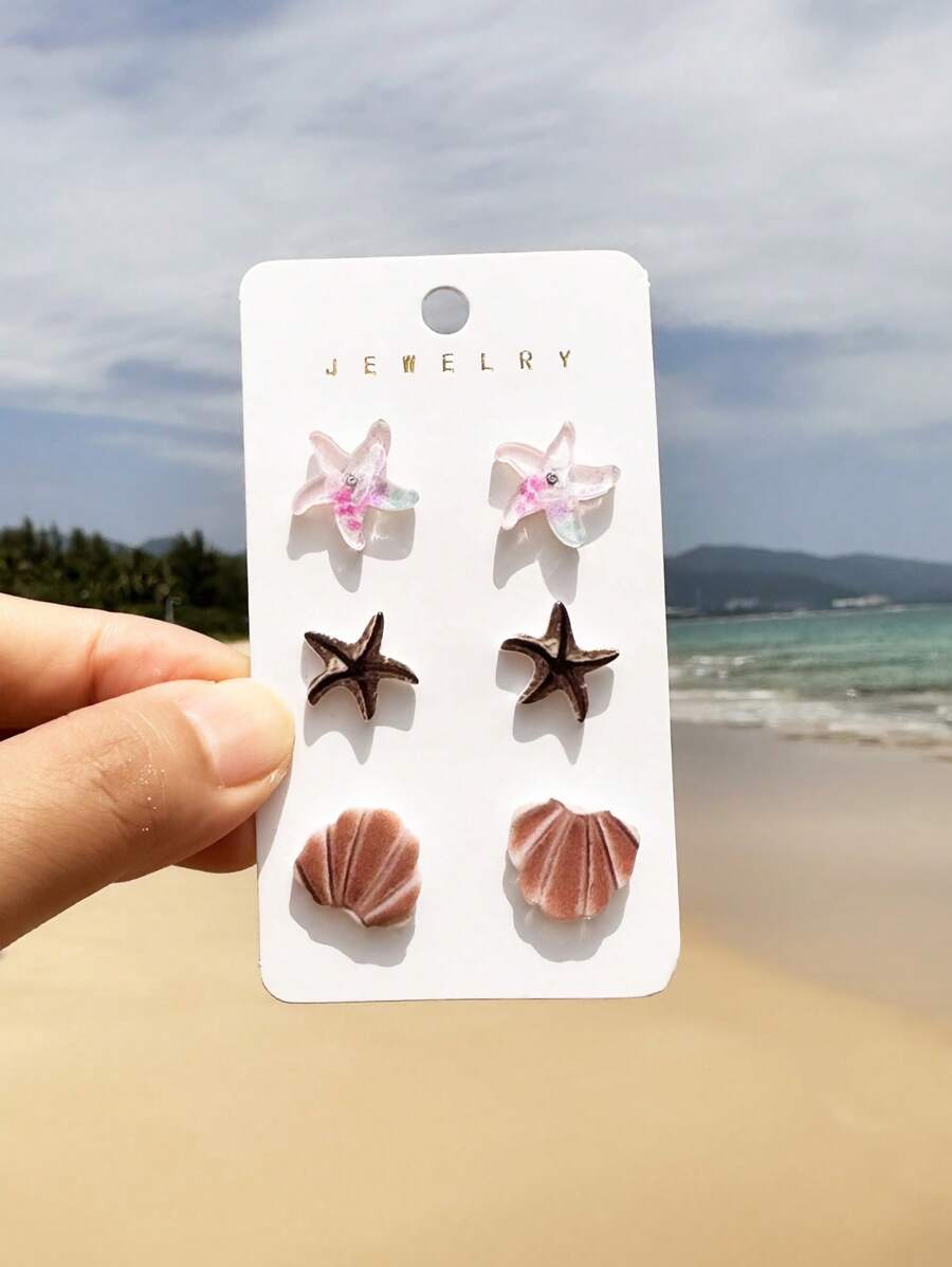 3 Pairs Acrylic Starfish Dolphine Shell Turquoise Stone Decor Summer Vocation Ocean Marine Organism Stud Earrings Set For Women