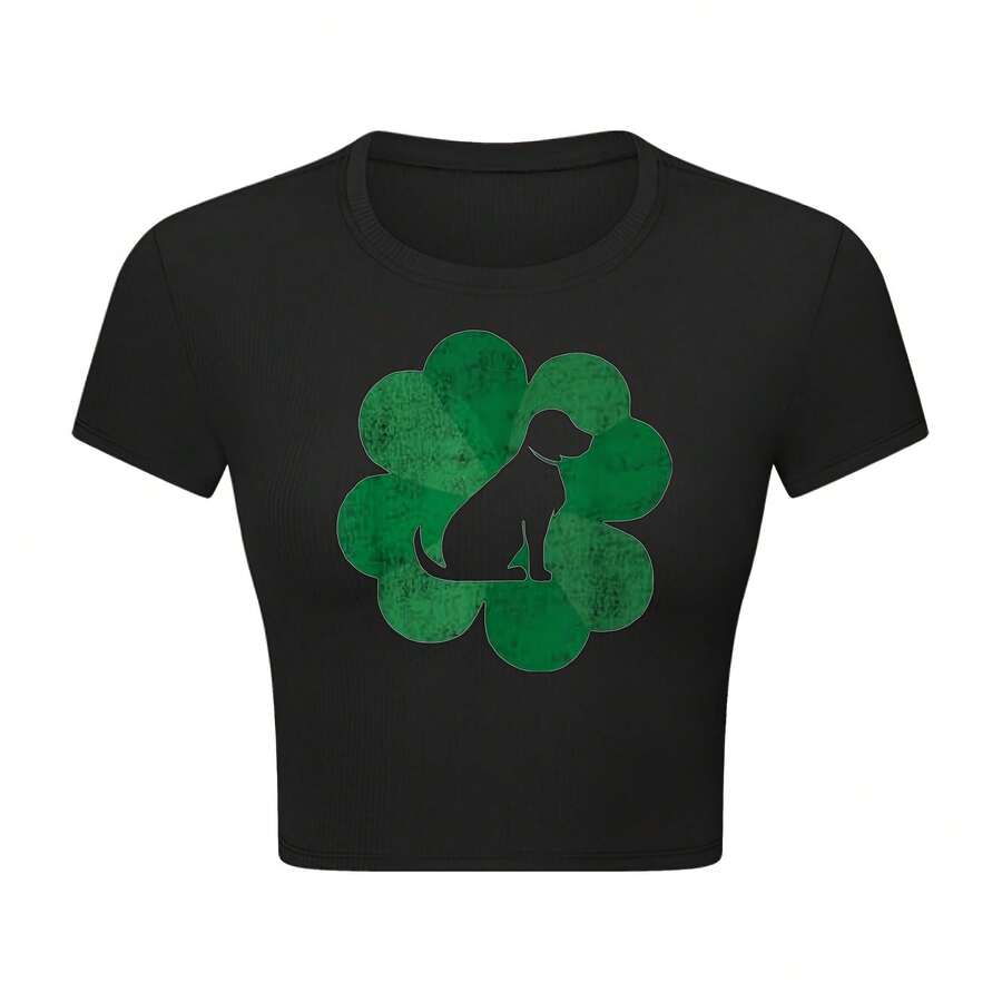 St. Patrick's Day Women's Crop Top T-Shirt - Cute Dog Silhouette On Clover Design
