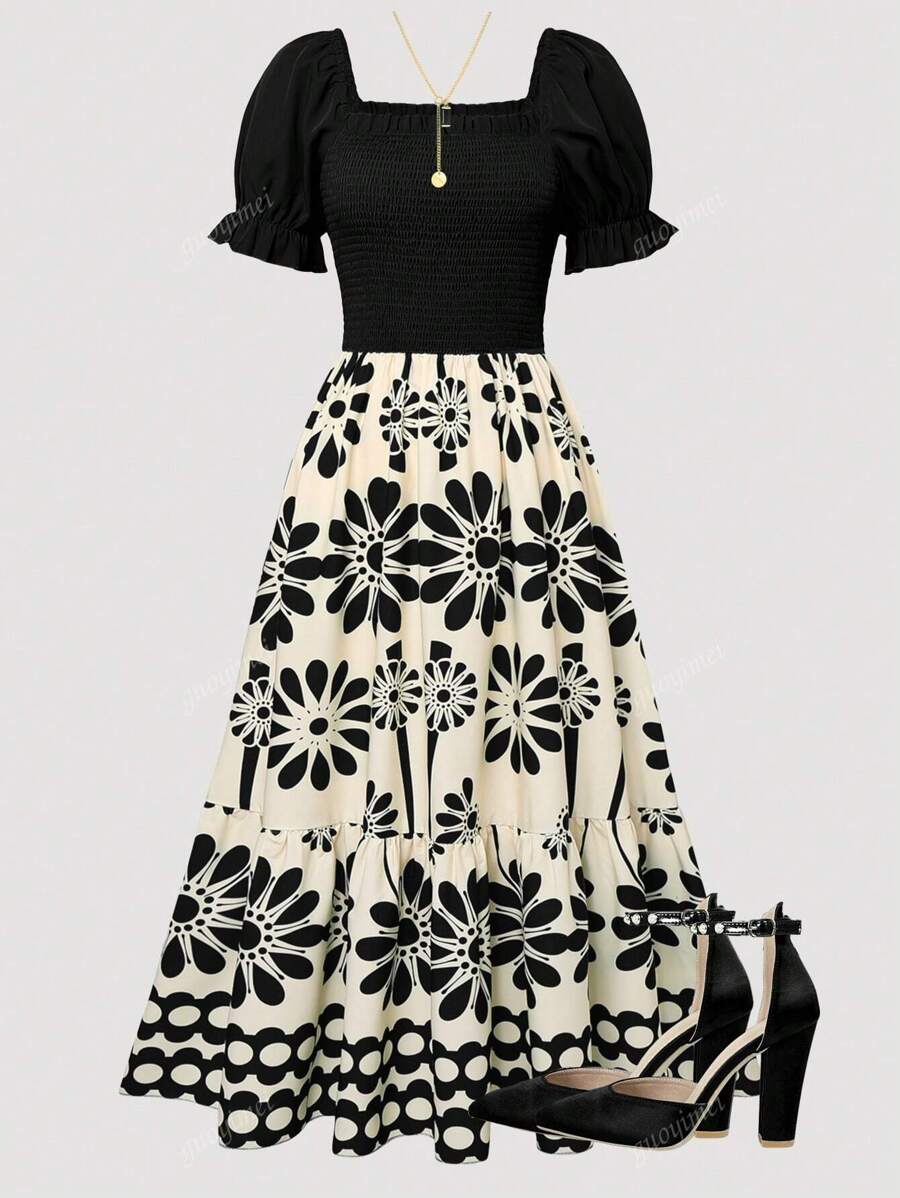 Dames bloemenprint taille split vakantiejurk, zomer