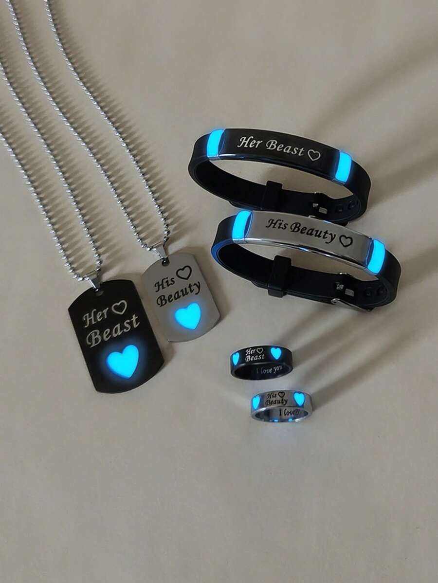 ATLVXJL 6 Stücke/Set nachleuchtende Herzen, "Ich liebe dich", "Ihre Schönheit und sein Biest" Buchstaben Edelstahl Paar Halskette Armband Ringe Set, Liebe Schmuckset für Valentinstag, Alltag