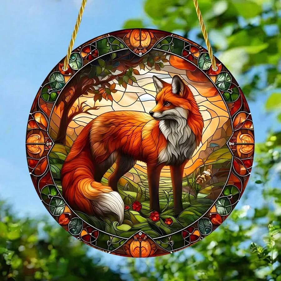1 Piece, Fox, Animal Themed Light Catcher, Colored Glass Decorative Sign, Window Hanging Sign, Circular Acrylic Painted Art Sign, 6 * 6 Inches/15 * 15 Centimeters, Porch Decoration, Courtyard Garden Decoration, Holiday Party Decoration, Gifts For Family And Friends, Housewarming Gift
