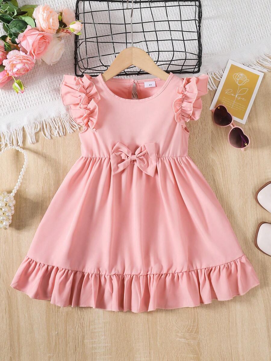 Girls Summer Dress, Young Girl Butterfly Puff Sleeve Splice Dress Suitable For 4-7 Years Old, Outdoor Daily Wear