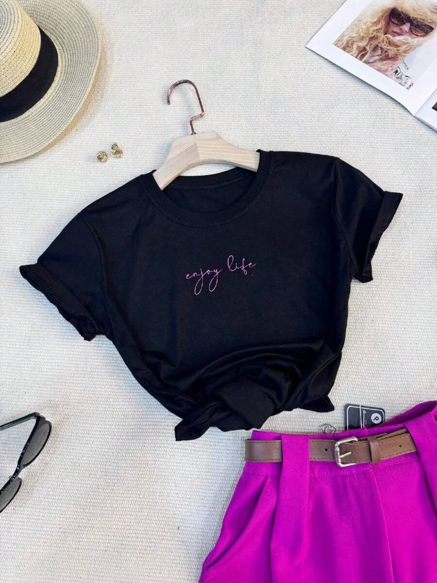 Camiseta blusa T-Shirt Feminina Algodão estilo simples padrão "enjoy life"